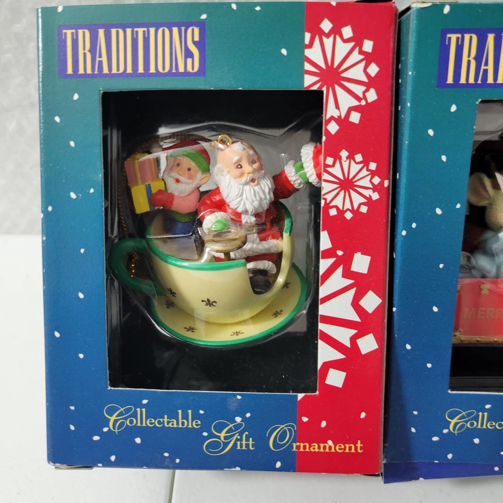 Traditions Collectable Gift Ornament Santa & Elf in Teacup/Mouse in Chest 113023